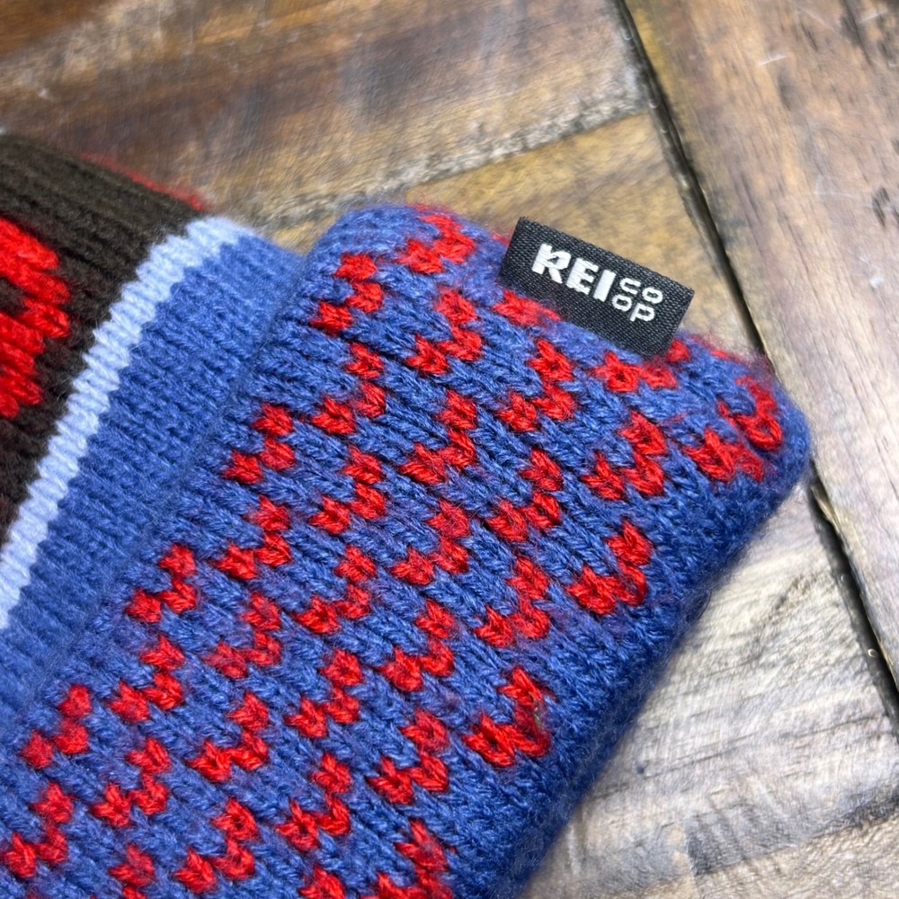 REI Co-op Pray For Snow Beanie Pom Pom Knit Hat Brown Blue Red One Size Unisex - Picture 3 of 5